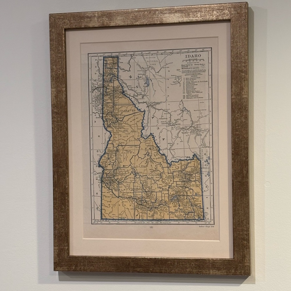 Custom frame and mat on vintage Map of Idaho